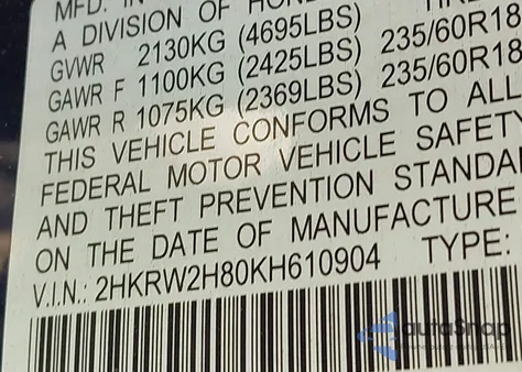 2019 Honda Cr-V Ex-L из США, поврежденный, VIN 2HKRW2H80KH610904